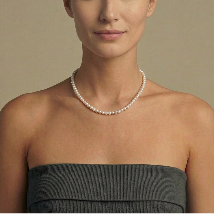 Woman wearing a pearl necklace against a beige background
