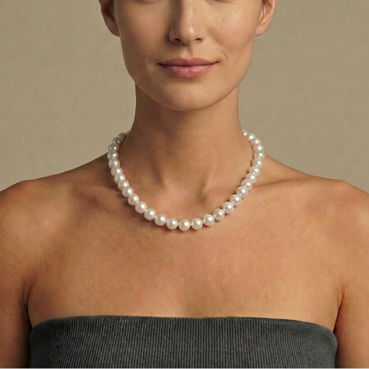 Woman wearing a pearl necklace against a beige background