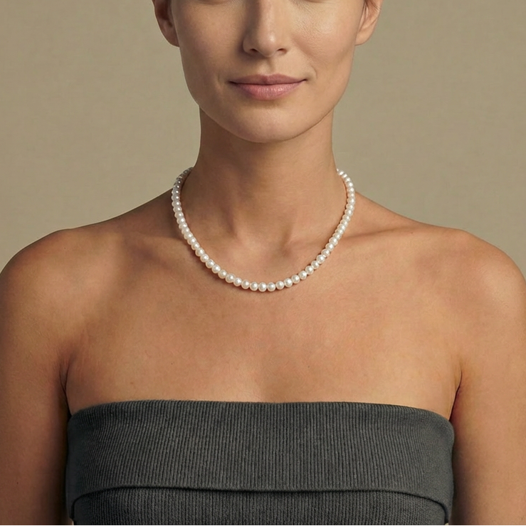 Woman wearing a pearl necklace against a beige background